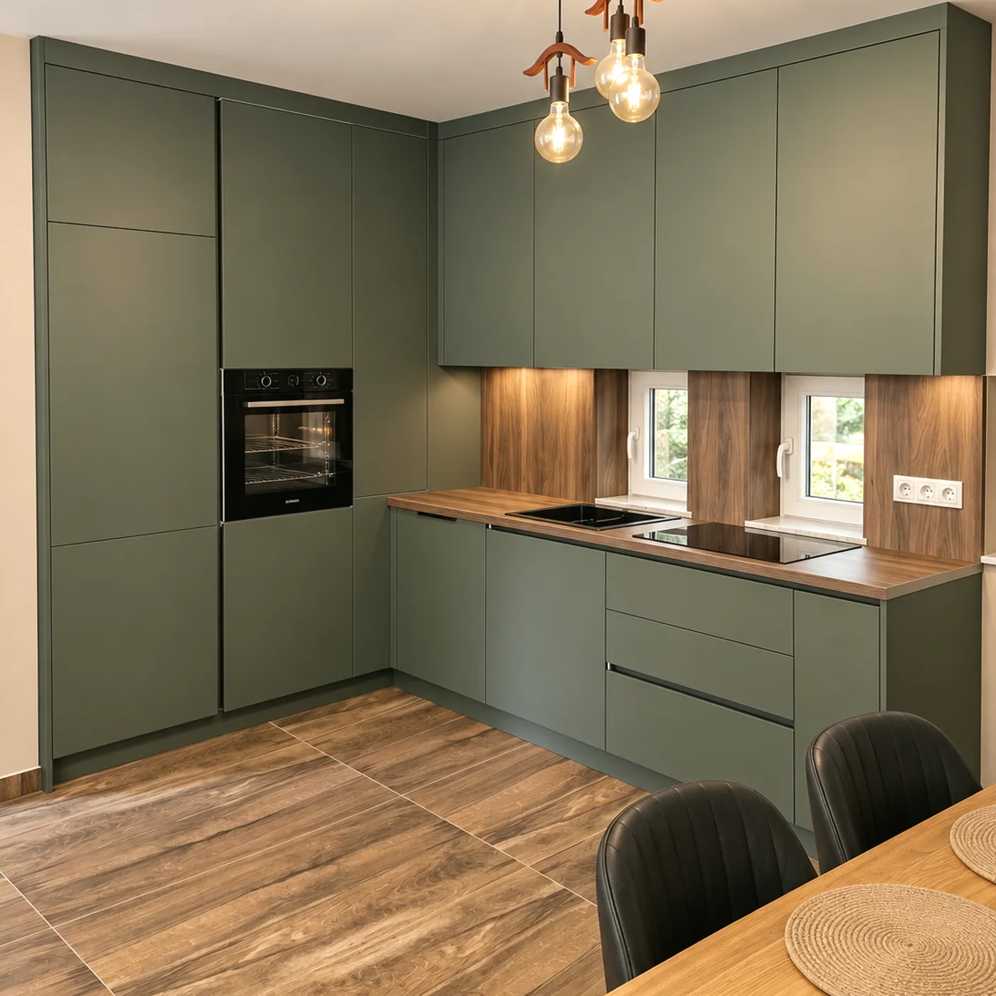 Cuisine résidentielle : façades vert sauge, plan et crédence bois